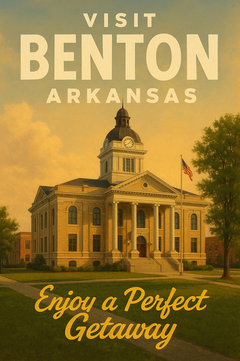 Colorful tourism poster for Benton, Arkansas, highlighting small-town charm, historic downtown architecture, and scenic natural surroundings in the heart of Central Arkansas.
