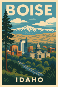 Retro-style travel poster of Boise, Idaho, featuring the Idaho State Capitol building and downtown skyline along the Boise River, framed by towering pine trees and snow-capped Rocky Mountains.