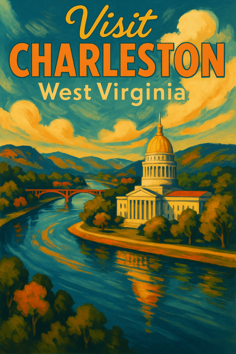 Eye-catching tourism poster for Charleston, West Virginia, featuring the gold-domed State Capitol, Kanawha River views, and the cultural heartbeat of the Mountain State’s capital city.