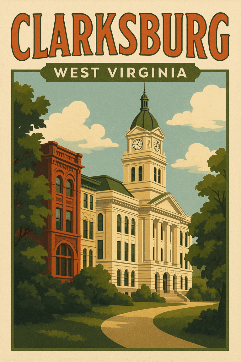 Vintage-style tourism poster for Clarksburg, West Virginia, showcasing historic downtown architecture, Appalachian foothills, and the cultural heritage of this North Central West Virginia city.