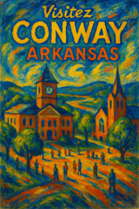 Vibrant tourism poster for Conway, Arkansas, featuring a lively college-town atmosphere, historic downtown charm, and access to scenic trails and lakes in Central Arkansas