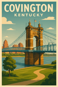Artistic tourism poster for Covington, Kentucky, showcasing historic riverfront views, vibrant urban culture, and iconic architecture near the Ohio River in Northern Kentucky.