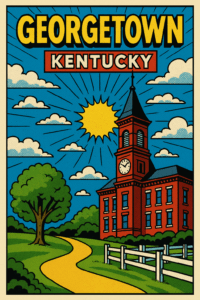 "Colorful tourism poster for Georgetown, Kentucky, featuring rolling horse country, historic downtown architecture, and the scenic beauty of Bluegrass Region landscapes.