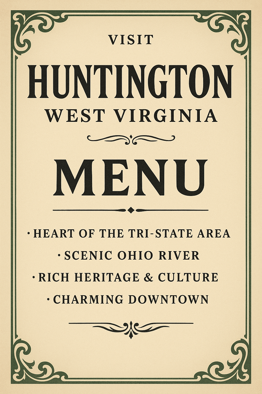 Vibrant tourism poster for Huntington, West Virginia, featuring the scenic Ohio River, Marshall University pride, and a lively downtown arts and entertainment scene in the heart of Cabell County.
