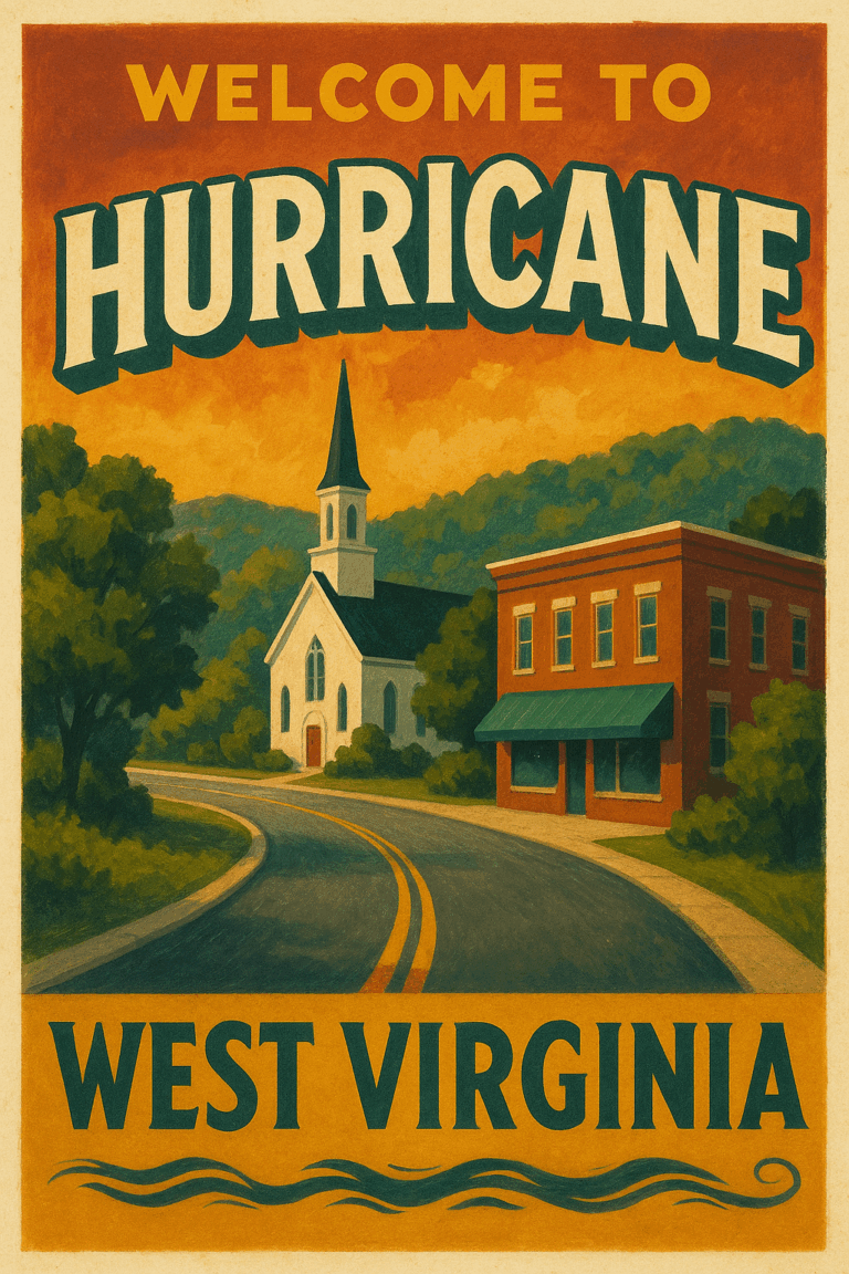 Charming tourism poster for Hurricane, West Virginia, highlighting small-town appeal, scenic parks, and family-friendly attractions nestled between Charleston and Huntington.