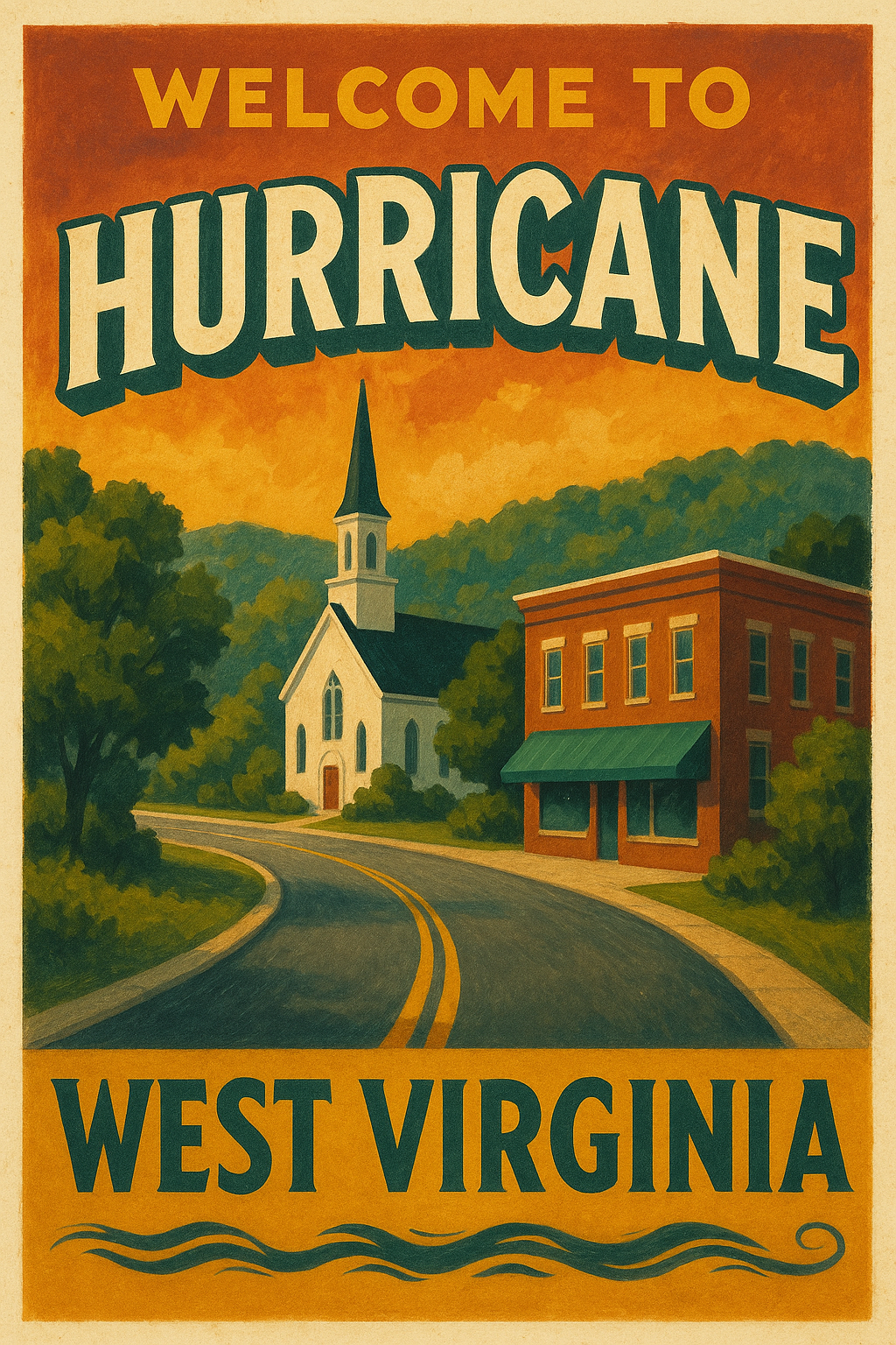 Charming tourism poster for Hurricane, West Virginia, highlighting small-town appeal, scenic parks, and family-friendly attractions nestled between Charleston and Huntington.