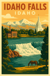 Vintage-inspired travel poster of Idaho Falls, Idaho, featuring the Snake River’s cascading waterfall framed by tall pine trees, with the historic Idaho Falls Power Plant on the left and the white Idaho Falls Temple on the right, set against a backdrop of snow-capped mountains under a warm, golden sky.
