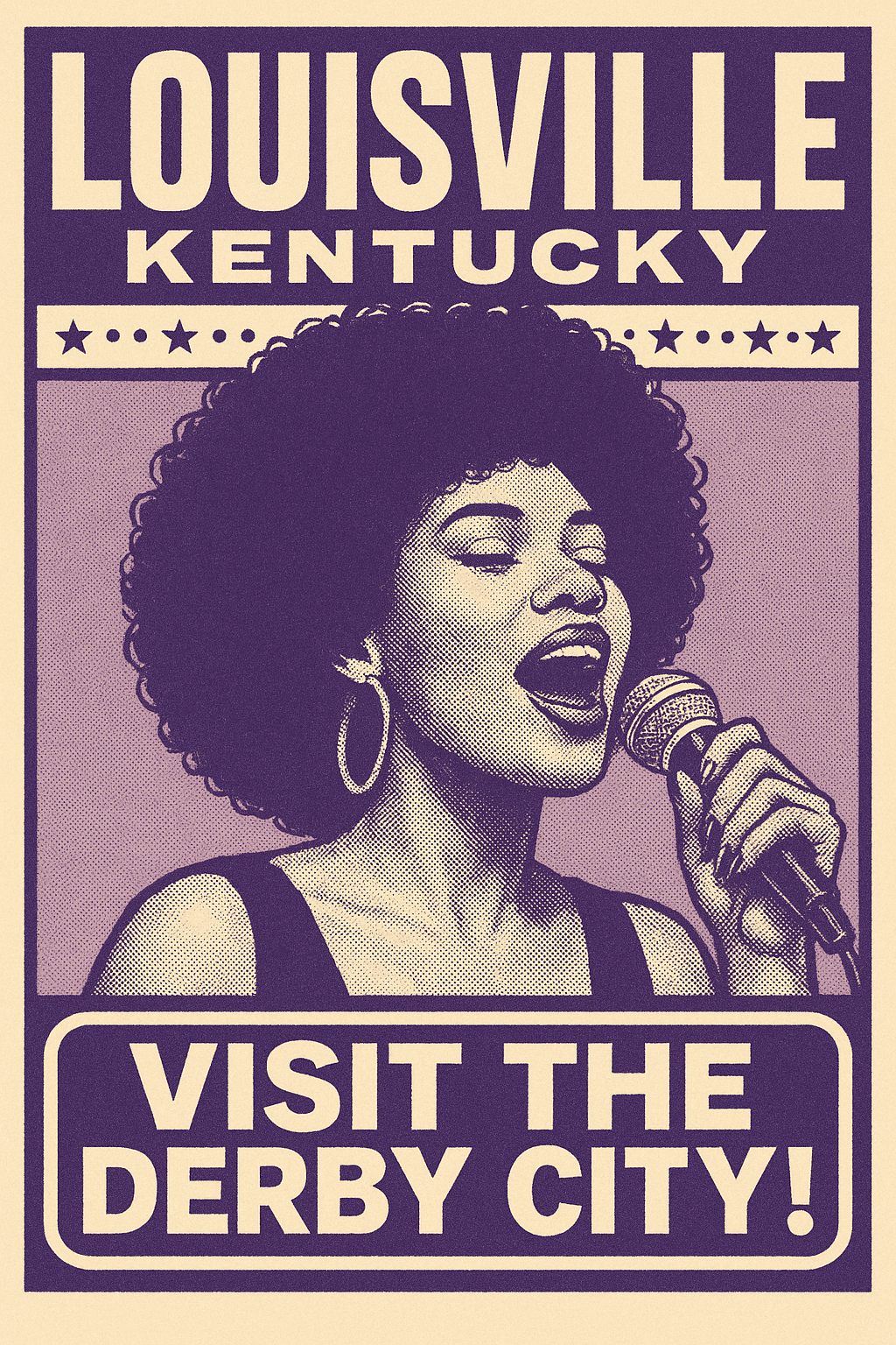 Eye-catching tourism poster for Louisville, Kentucky, showcasing iconic landmarks, bourbon heritage, and the energy of the Kentucky Derby in this dynamic riverfront city.