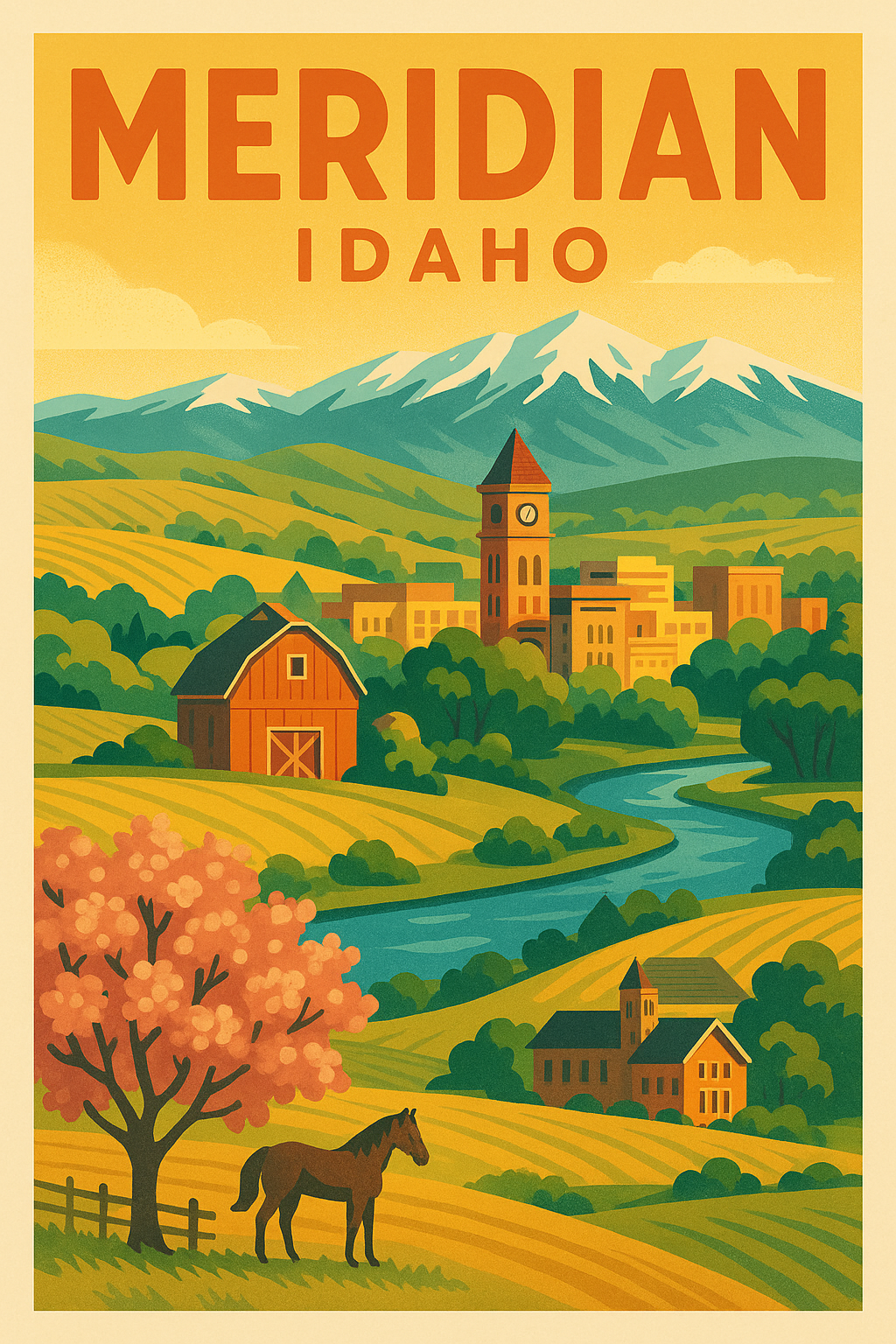 Vintage-style travel poster of Meridian, Idaho, featuring a pink-blossomed orchard with a grazing horse in the foreground, a rustic red barn and clock tower rising above rolling golden fields and a winding river, set against snow-capped Boise Foothills under a warm, golden-yellow sky.