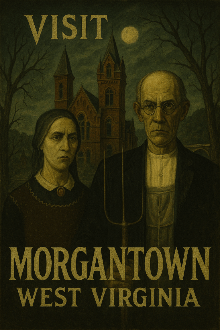 Dynamic tourism poster for Morgantown, West Virginia, showcasing Monongahela River views, West Virginia University landmarks, and the energetic blend of college-town life and Appalachian scenery.