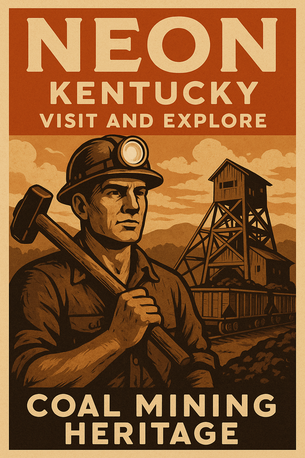 Retro tourism poster for Neon, Kentucky, highlighting Appalachian charm, coal country heritage, and scenic mountain views in Letcher County.