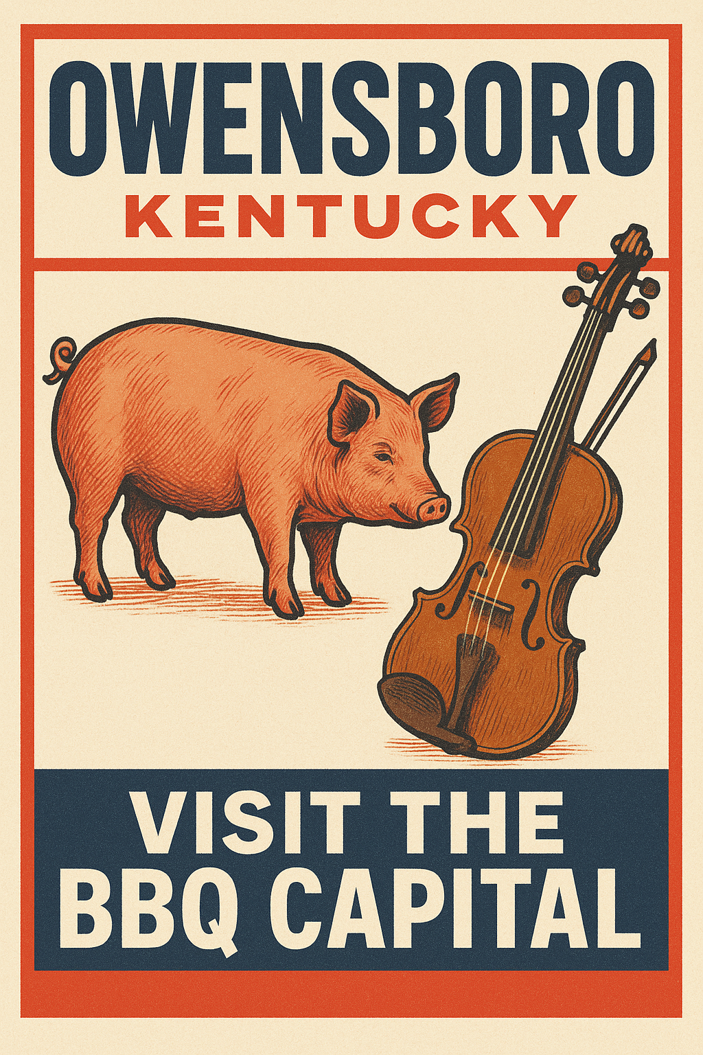Tourism poster for Owensboro, Kentucky, featuring riverfront scenes, world-famous barbecue culture, and live bluegrass music in this vibrant Western Kentucky city.