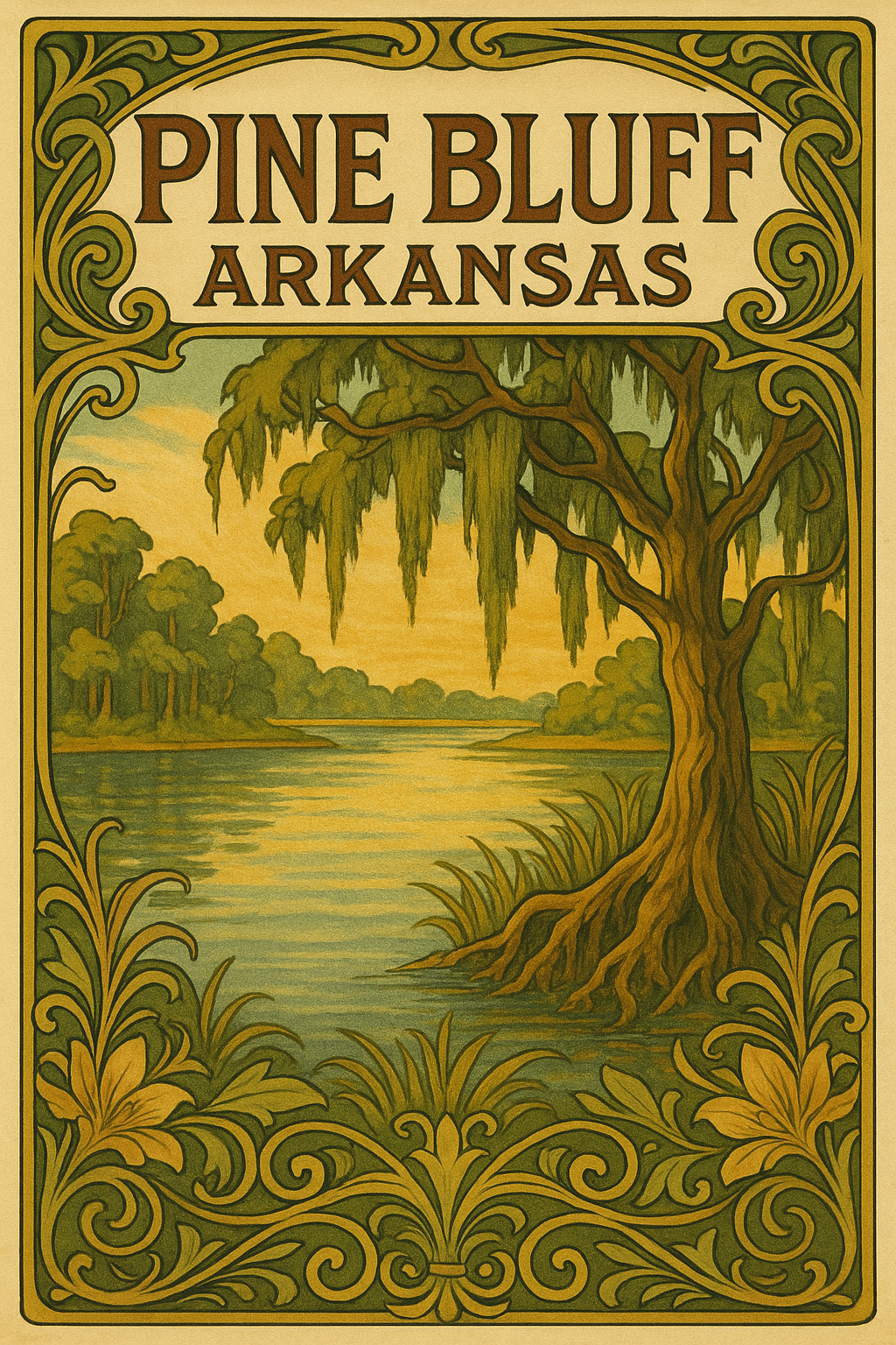 Stylized tourism poster for Pine Bluff, Arkansas, showcasing Delta heritage, scenic views of the Arkansas River, and cultural landmarks in this historic Southeast Arkansas city.