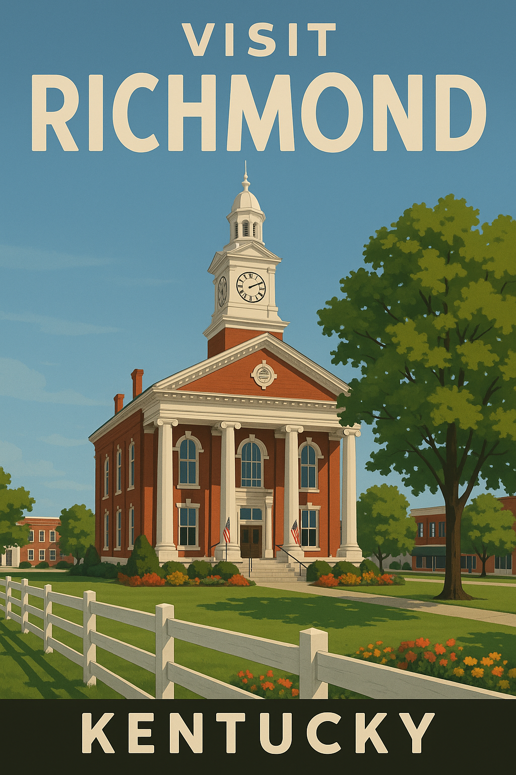 Vintage-style tourism poster for Richmond, Kentucky, highlighting Civil War history, scenic Bluegrass landscapes, and the cultural charm of this Eastern Kentucky college town.