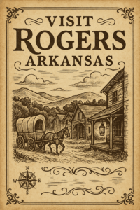 Modern tourism poster for Rogers, Arkansas, highlighting the blend of Ozark Mountain scenery, historic downtown, and access to outdoor adventures near Beaver Lake in Northwest Arkansas.