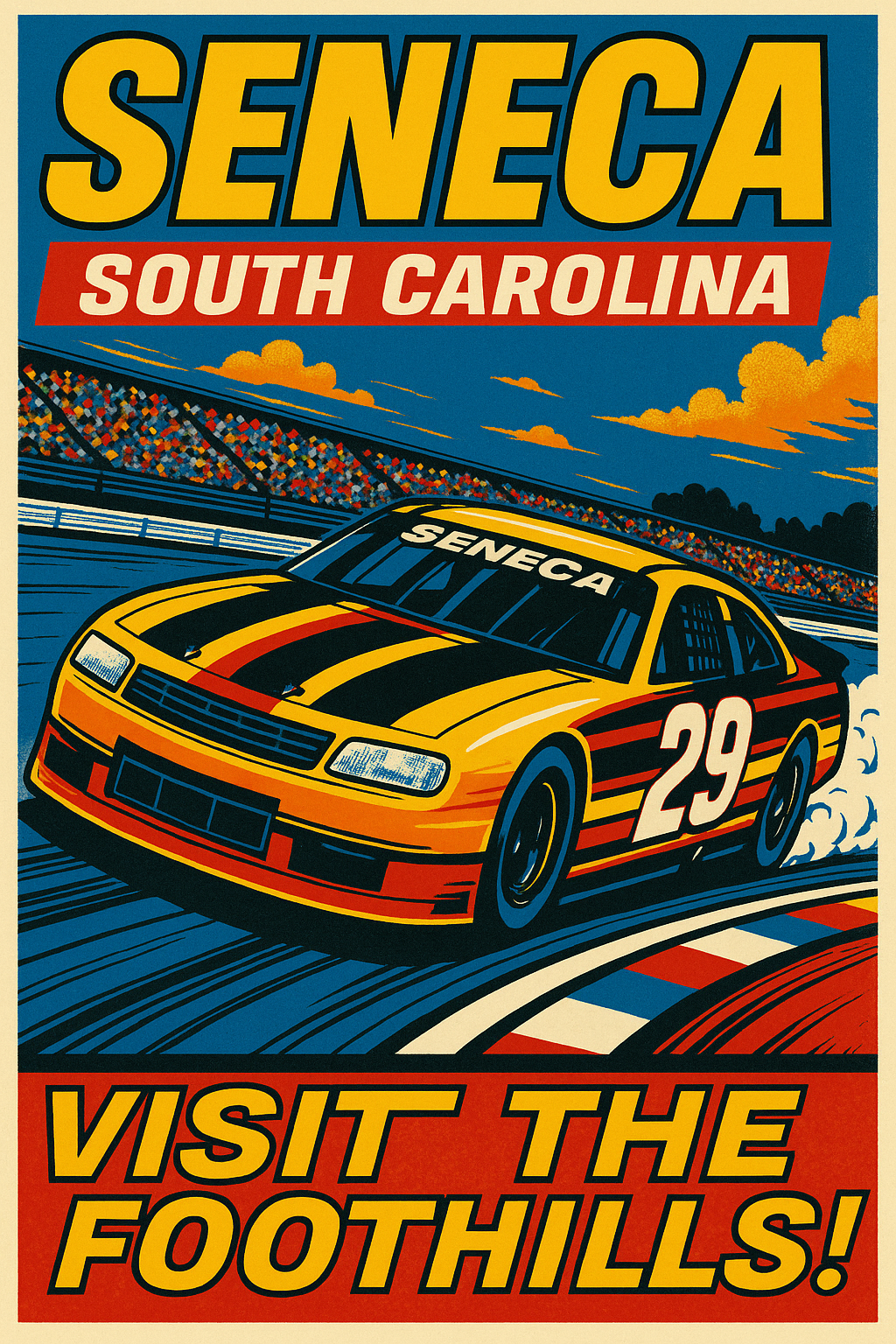 Scenic tourism poster for Seneca, South Carolina, featuring Lake Keowee views, Blue Ridge Mountain backdrops, and charming small-town appeal in the Upstate region.