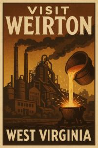 Industrial-themed tourism poster for Weirton, West Virginia, featuring Ohio River views, steel mill heritage, and the unique tri-state location at the crossroads of West Virginia, Ohio, and Pennsylvania.