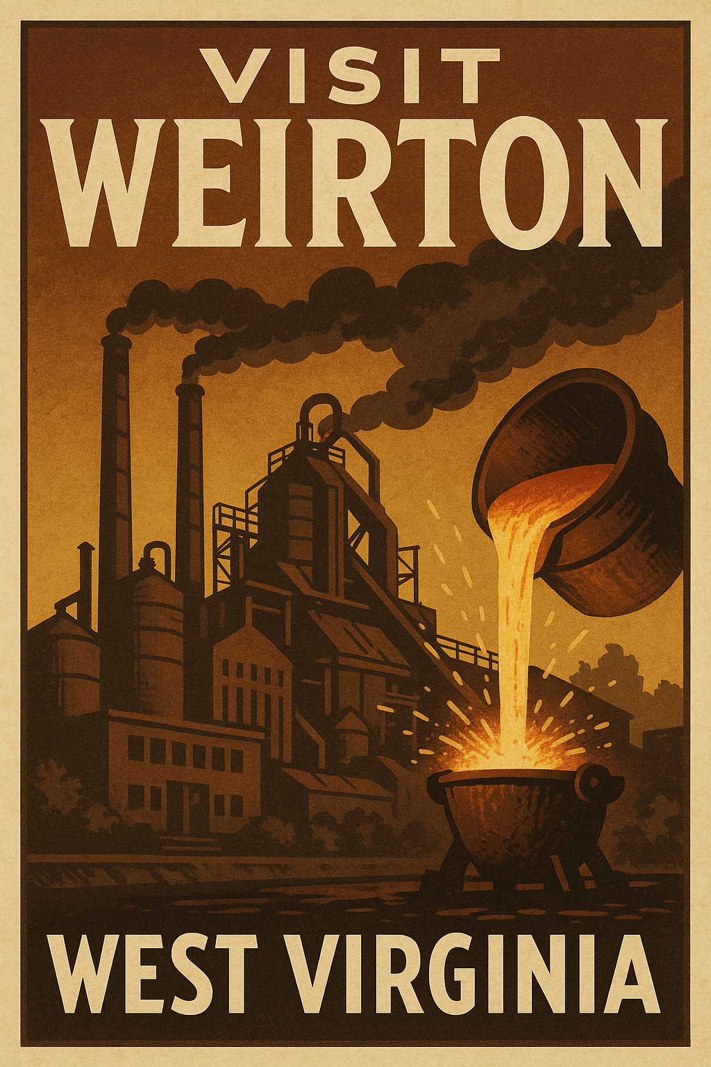 Industrial-themed tourism poster for Weirton, West Virginia, featuring Ohio River views, steel mill heritage, and the unique tri-state location at the crossroads of West Virginia, Ohio, and Pennsylvania.