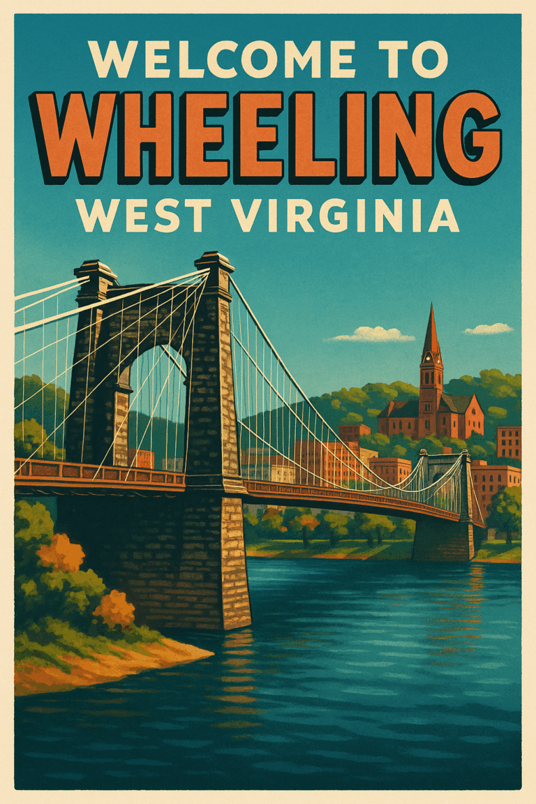 Historic tourism poster for Wheeling, West Virginia, highlighting the iconic Wheeling Suspension Bridge, Victorian architecture, and rich riverfront heritage along the Ohio River in the Northern Panhandle.